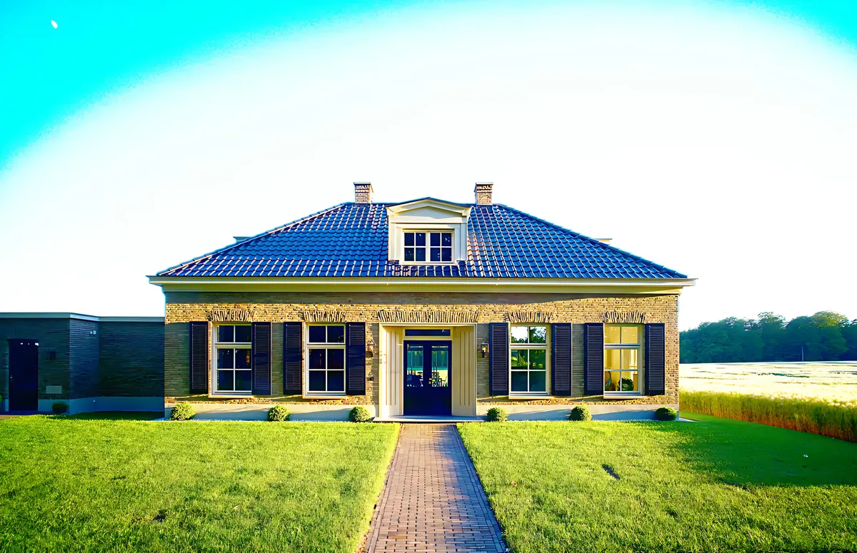 Vooraanzicht van het landhuis met bestraat pad en donkere luiken