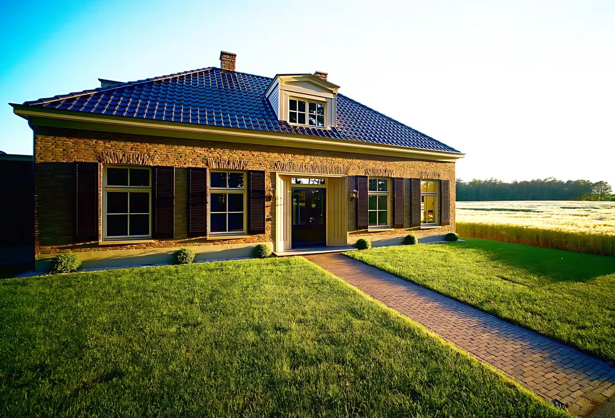 Entree van het huis met klinkerpad over het gazon in warm avondlicht