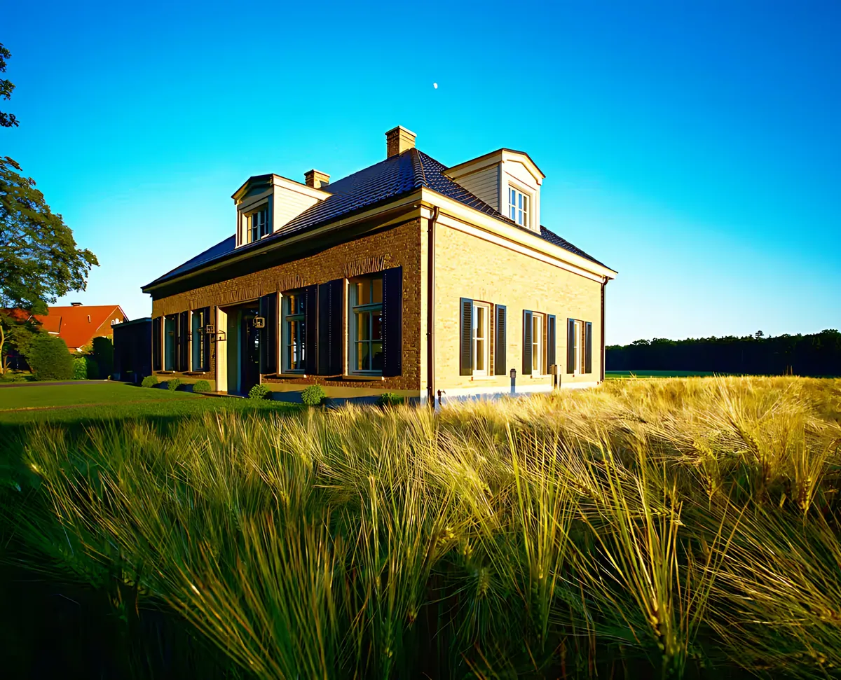 Zijaanzicht van het huis achter een graanveld