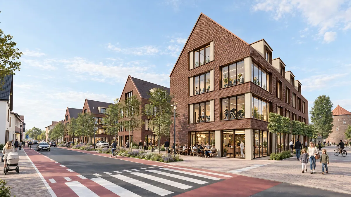 Visualisation of the Brinkquartier: brick building with a tall gable on a street corner, with pedestrians and cyclists in front