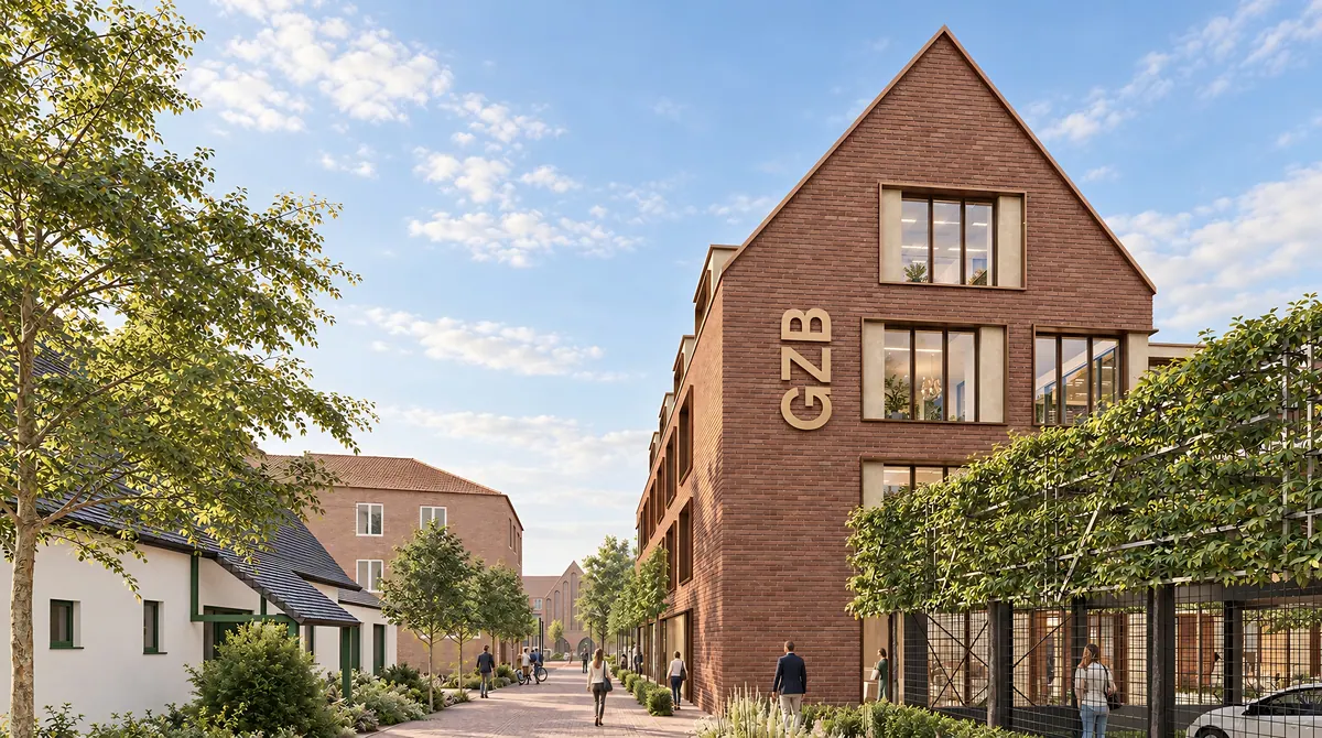 Visualisation of a gabled building with the lettering GZB and a planted trellis