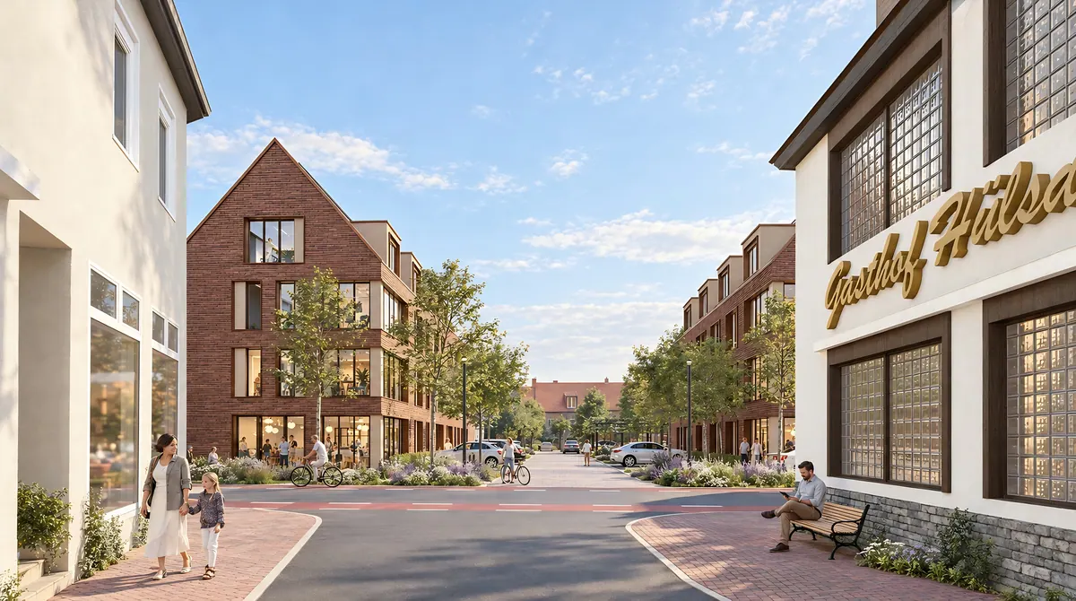 Visualisation of the street between the new buildings, with an existing inn on the right