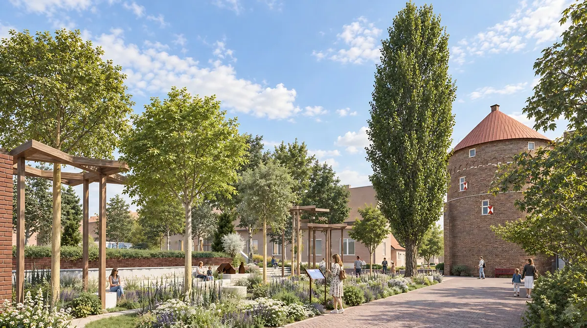 Visualisation of the square by the historic Diebesturm tower with trees and pergolas