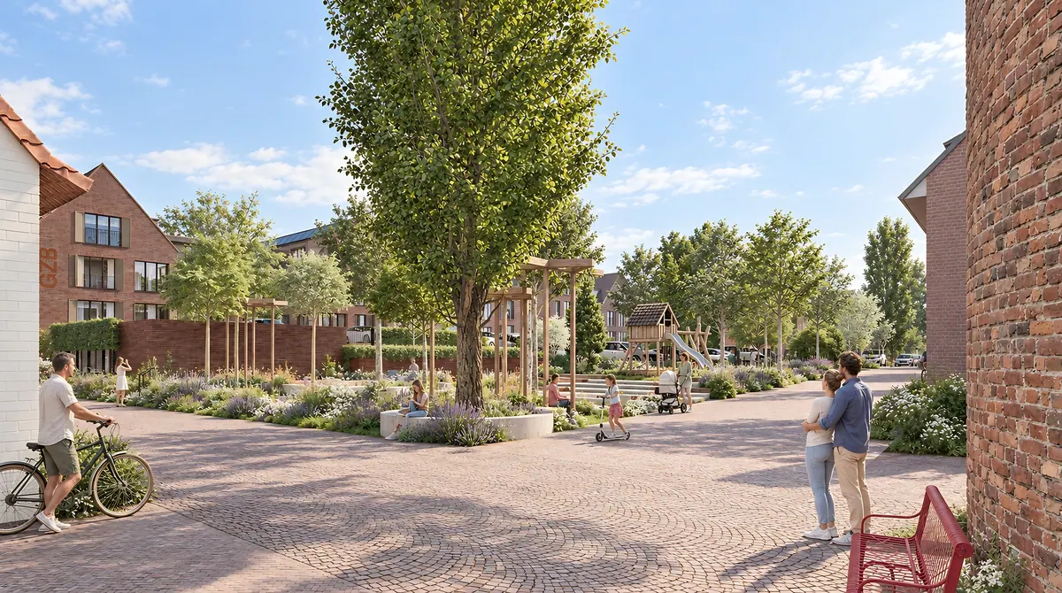 Visualisation of a tree-lined square in the quarter with benches and play equipment