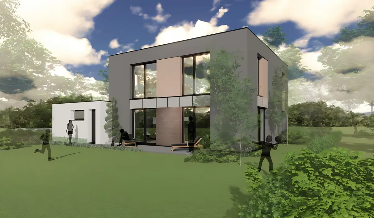 Visualisation of the garden side with large windows and timber elements