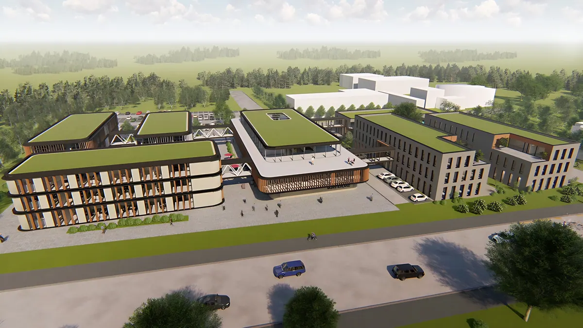 Visualisierung der Gebäudefront mit Parkplatz und Grünstreifen