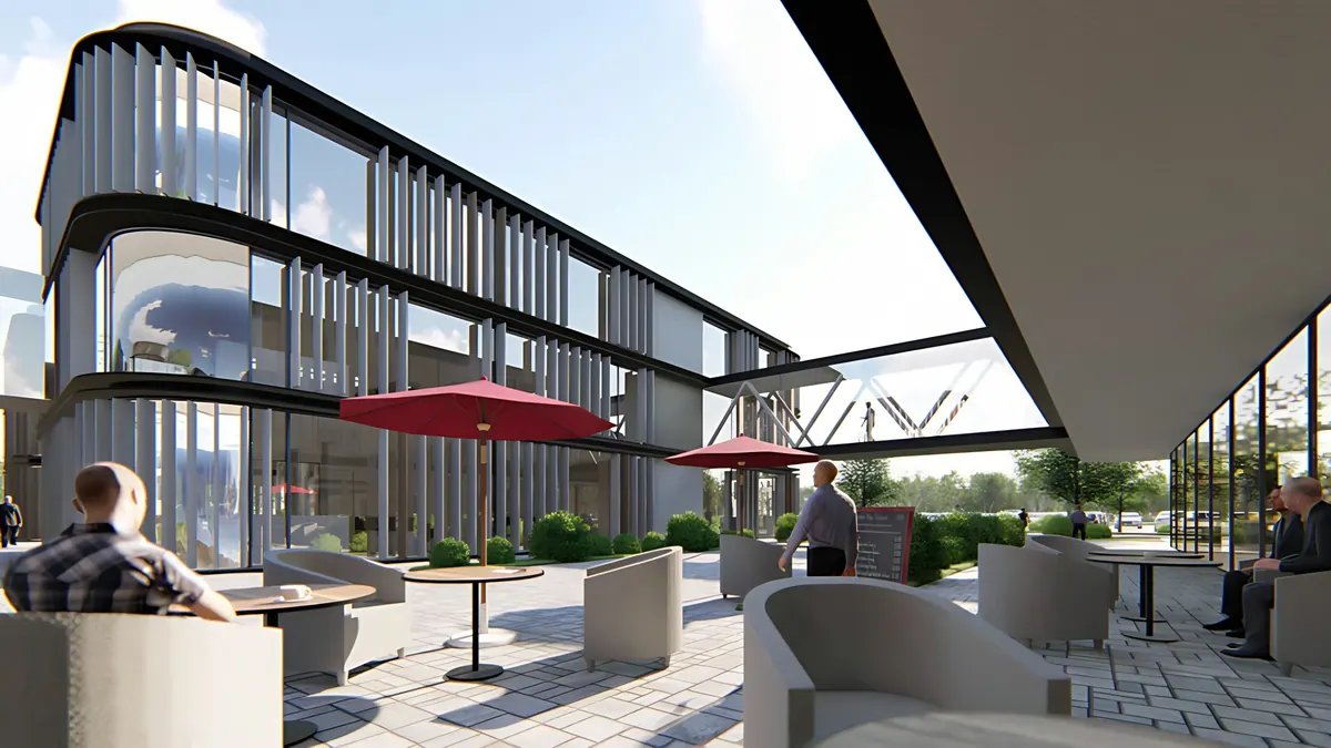 Visualisierung der Terrasse im Innenhof mit Lounge-Sesseln und Sonnenschirmen