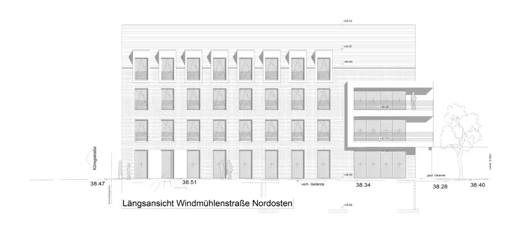 Ansichtszeichnung des Wohn- und Geschäftshauses in Vreden zur Windmühlenstraße