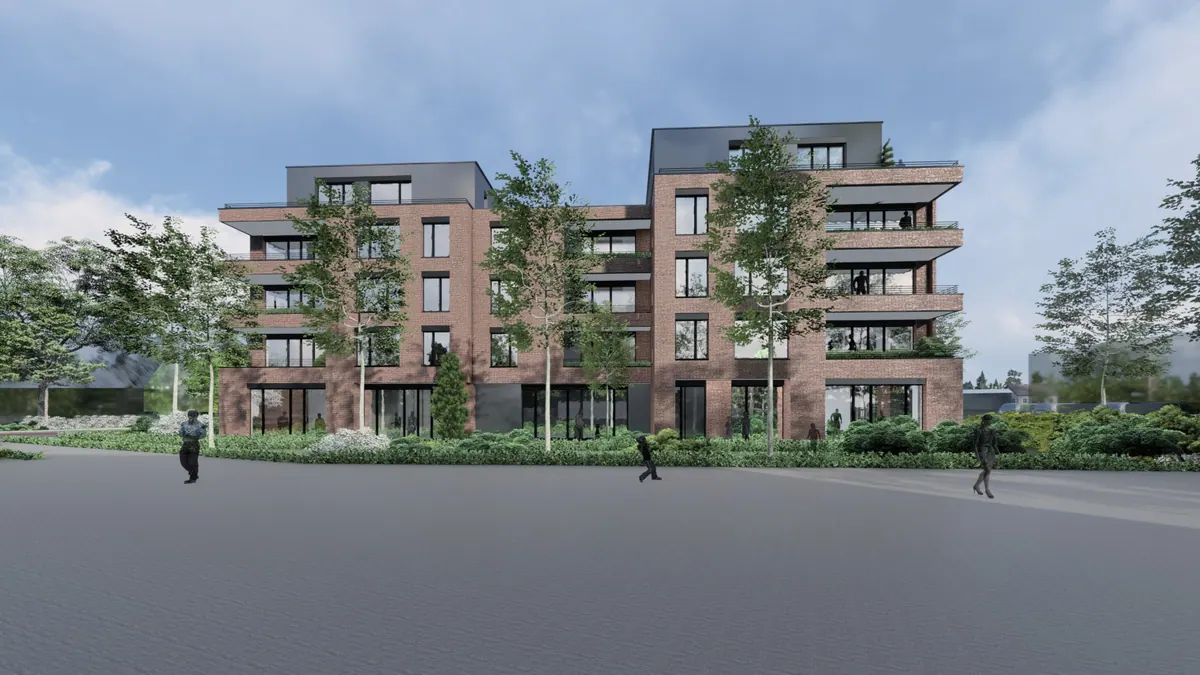 Visualisierung aus der Fußgängerperspektive mit Bäumen vor der Klinkerfassade