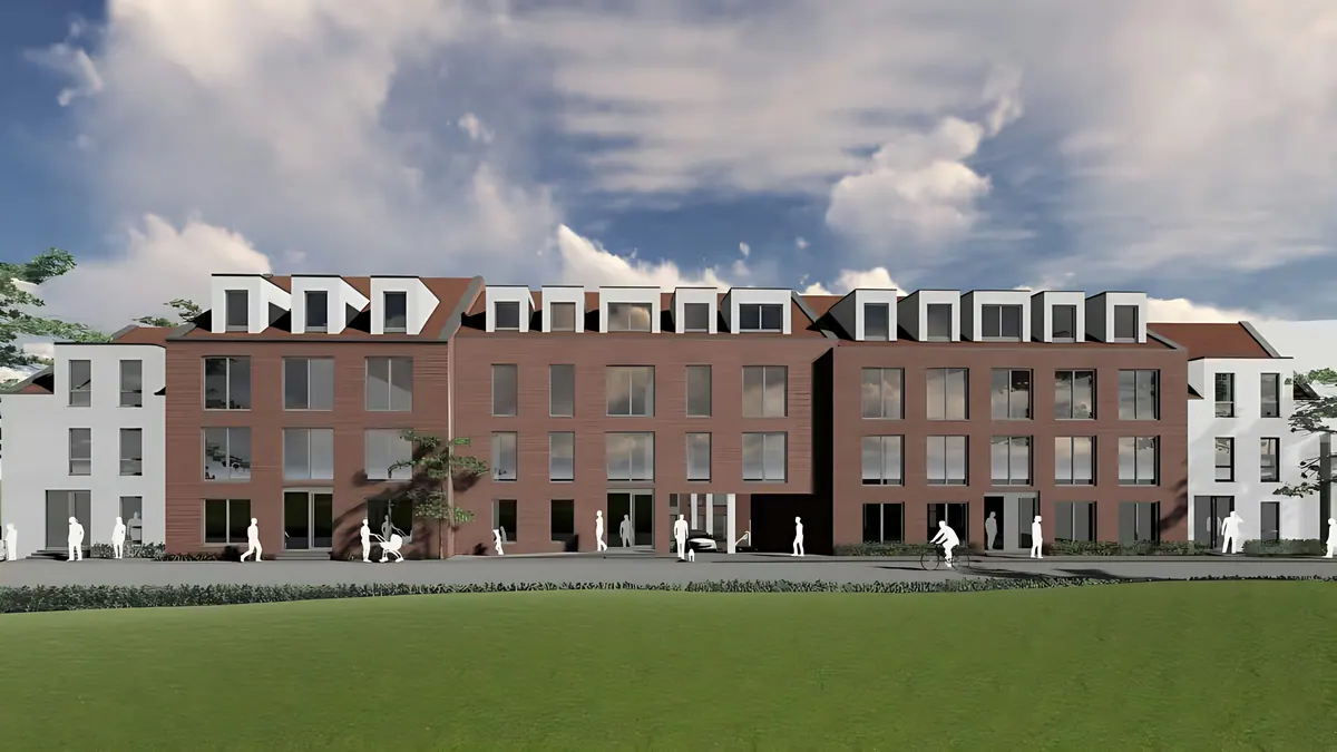Visualisation of the row of buildings with dormers and red brick