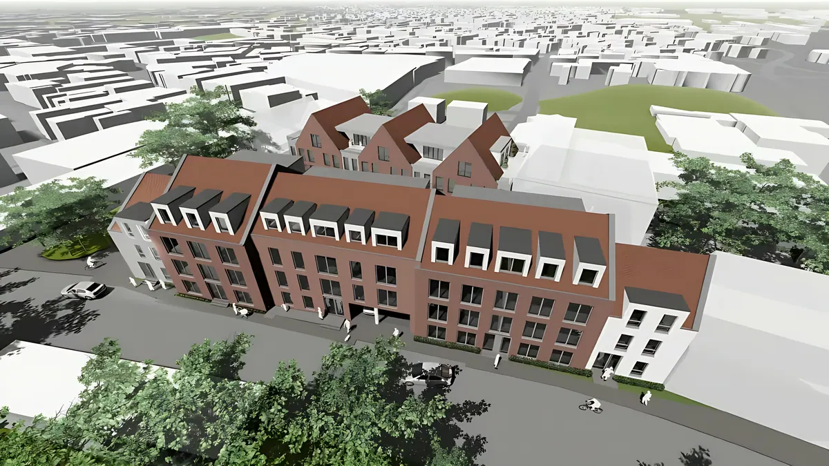 Bird's-eye view of the roofscape with gables and dormers in the town centre