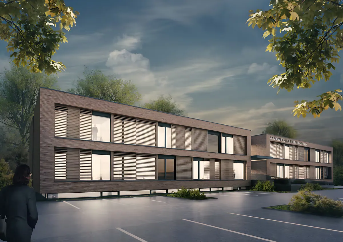 Evening visualisation of the hotel with brick facade and accent lighting