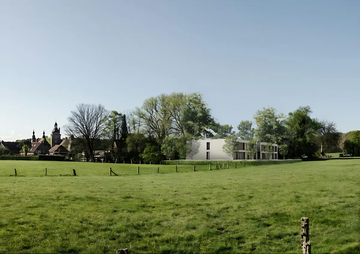 Meadow with a view of trees and buildings of the castle complex (the proposed site)