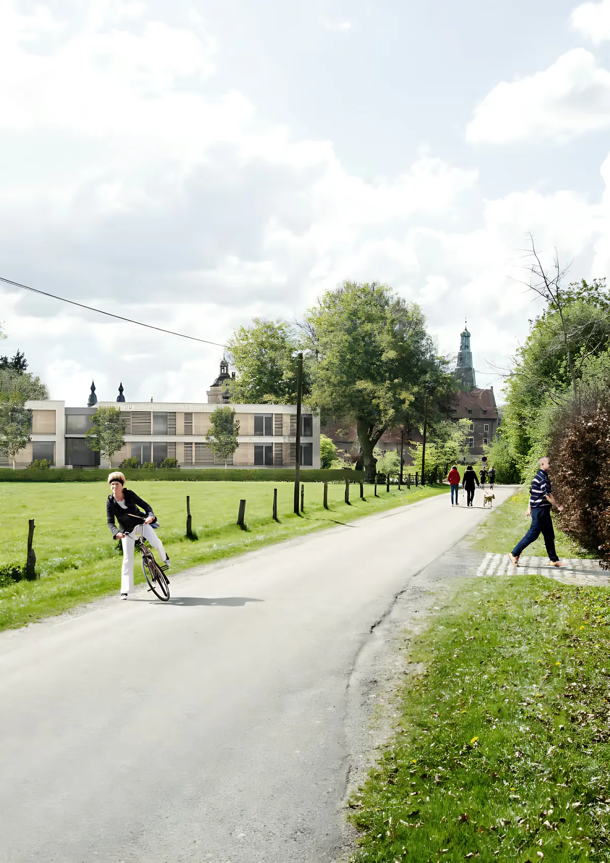 Path along the meadow next to the proposed site, with a cyclist