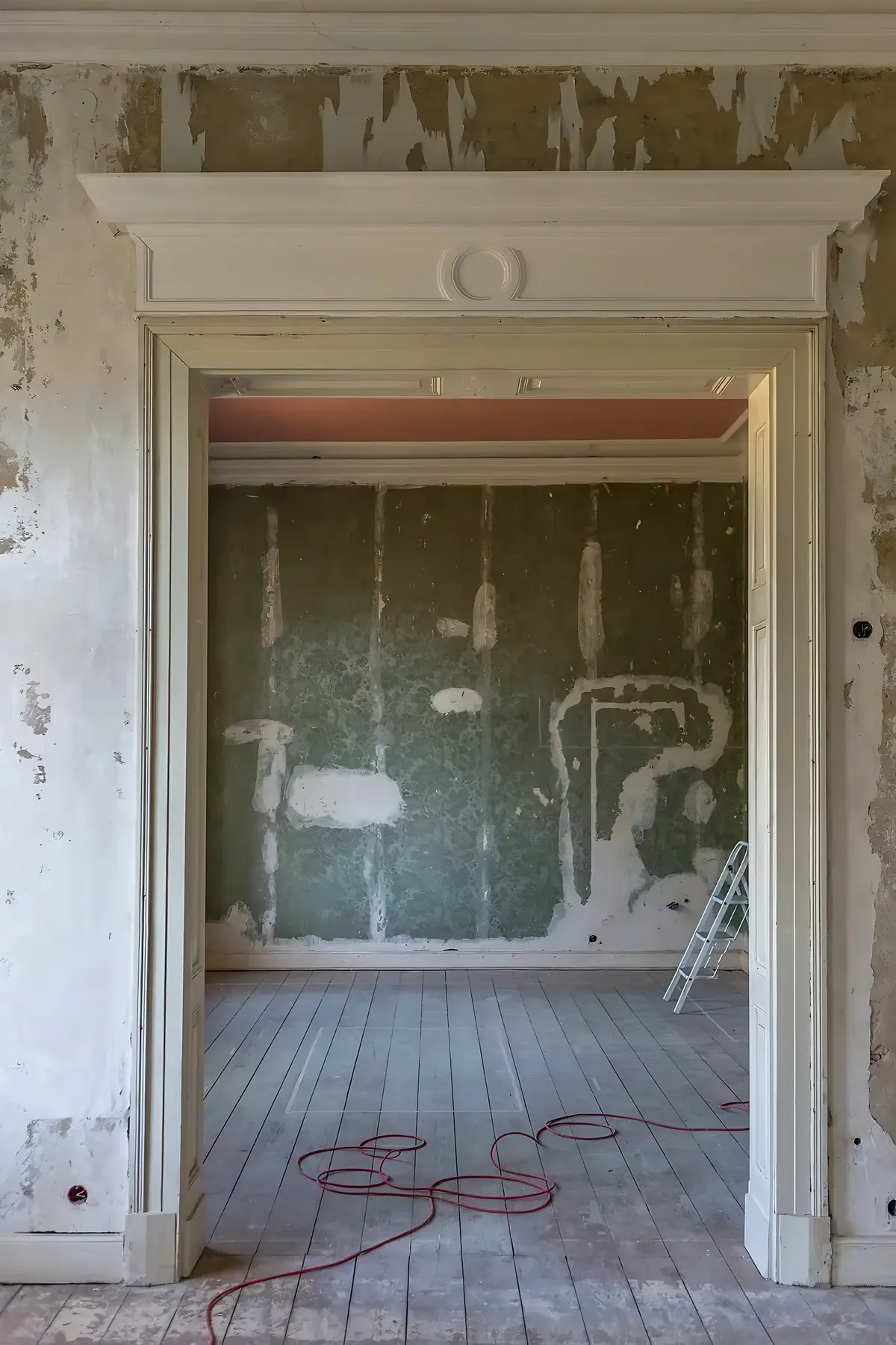 Voor de renovatie: doorgang met historisch deurkozijn en beschadigde muren