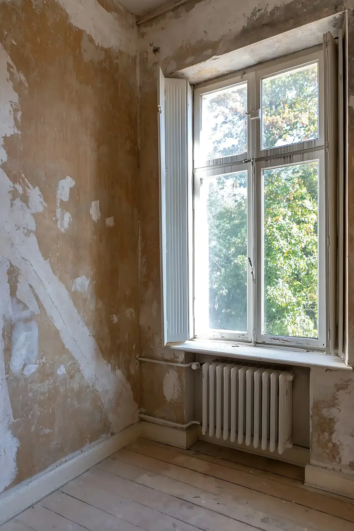 Voor de renovatie: hoek van een kamer met radiator en blootgelegd metselwerk