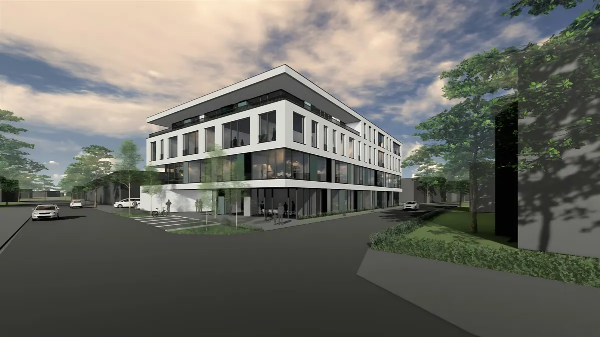 Visualisation of the four-storey mixed-use building with a cantilevered roof on a street corner