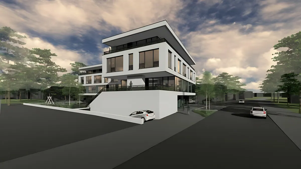 Visualisation of the corner of the building with the ramp to the underground car park