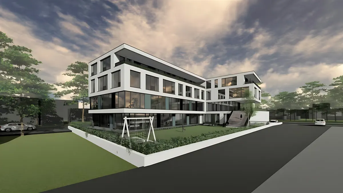 Visualisation with a playground and communal areas in the courtyard